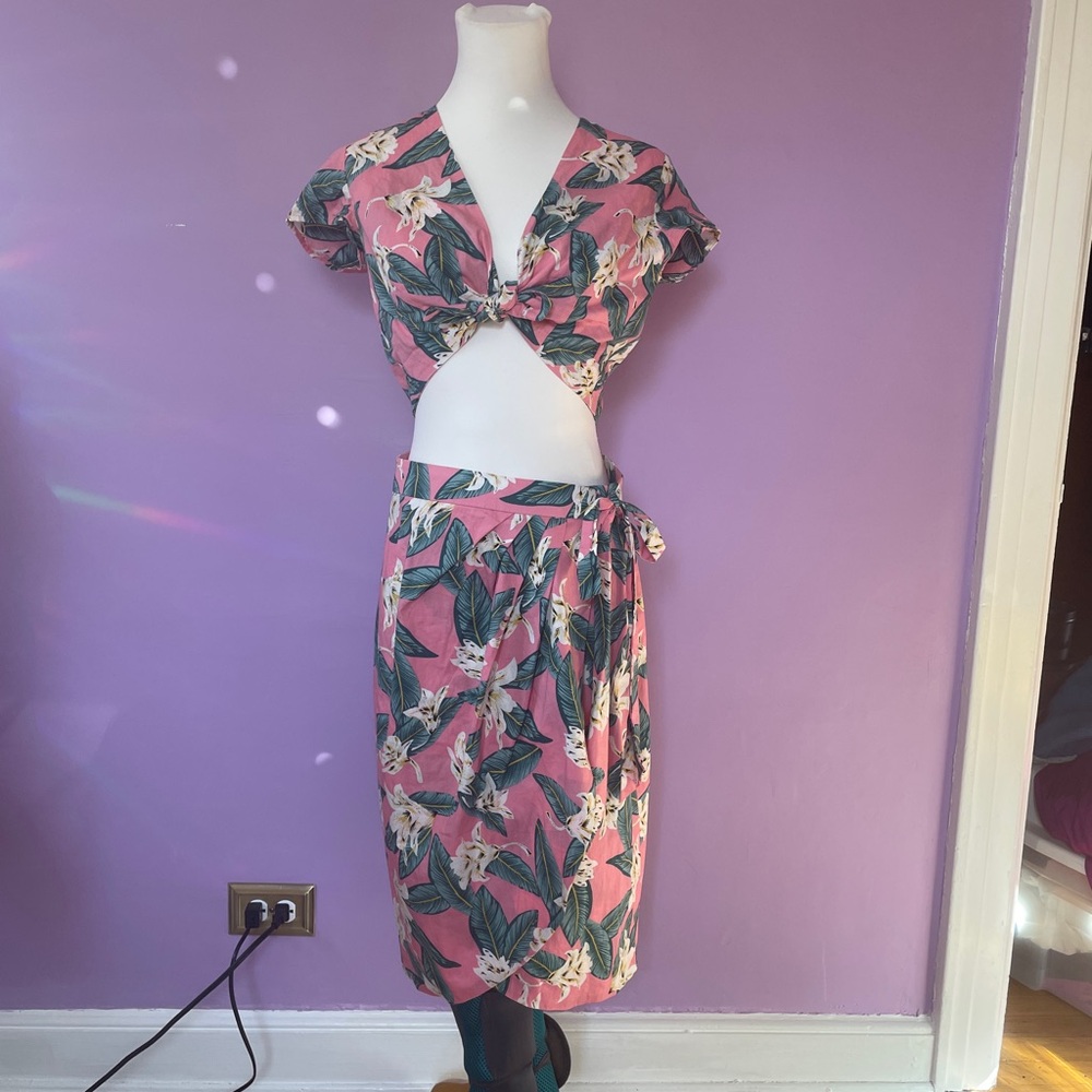 Repro Pink Tropical Playsuit Tie Top & Skirt